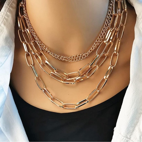 NEW! 14K Gold 5 Layered Paperclip Chains Choker Necklace Adjustable - Picture 9 of 15